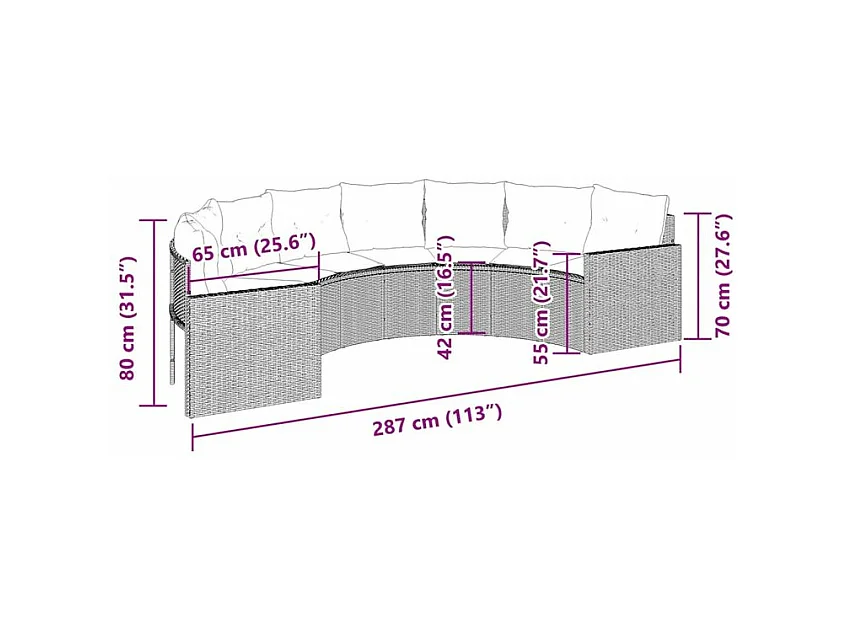 Canapé de jardin avec coussins demi-rond noir résine tressée