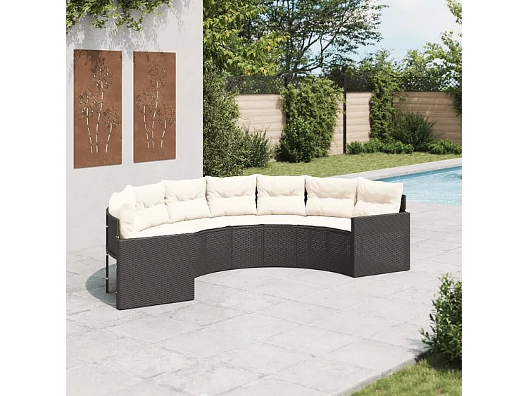 Canapé de jardin avec coussins demi-rond noir résine tressée