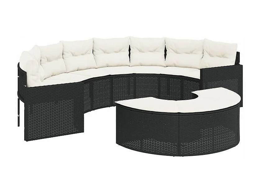 Canapé de jardin avec coussins demi-rond noir résine tressée
