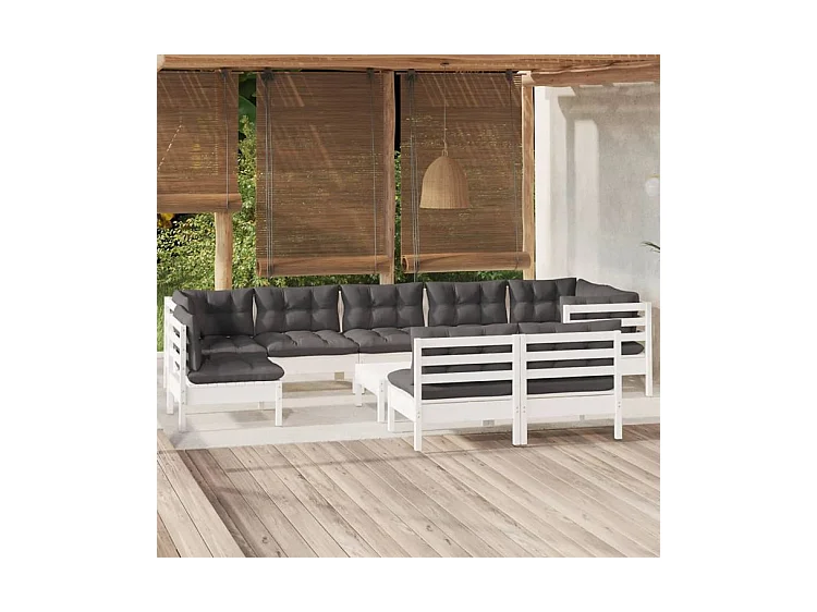 Salon de jardin 10 pcs avec coussins blanc bois de pin massif