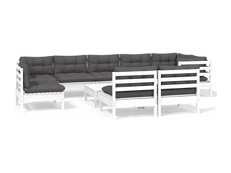 Salon de jardin 10 pcs avec coussins blanc bois de pin massif