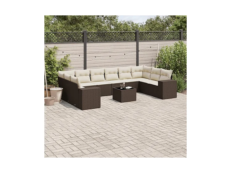 Salon de jardin et coussins 11 pcs marron résine tressée