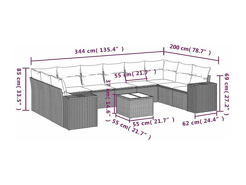 Salon de jardin et coussins 11 pcs marron résine tressée