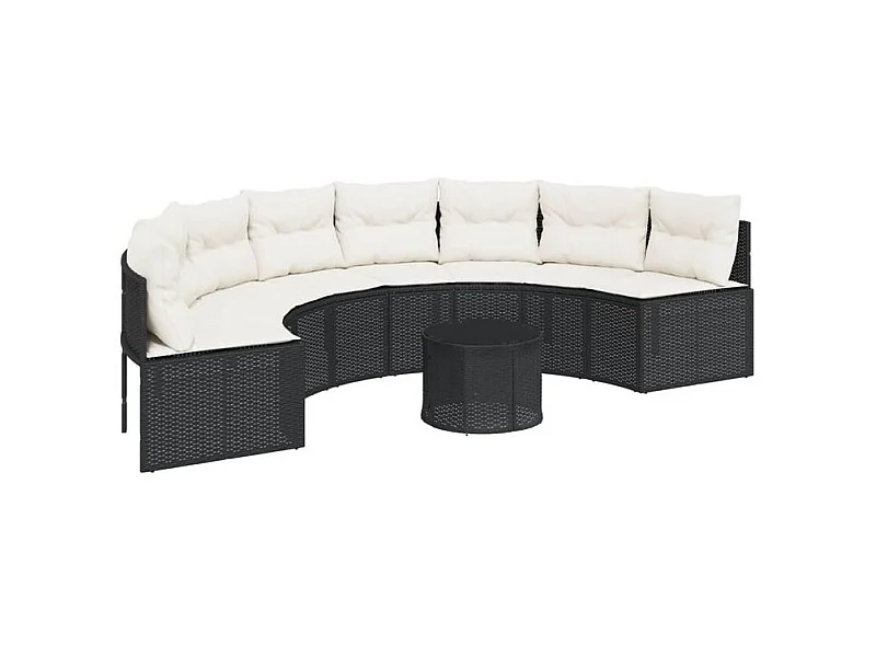 Canapé de jardin table coussins demi-rond noir résine tressée
