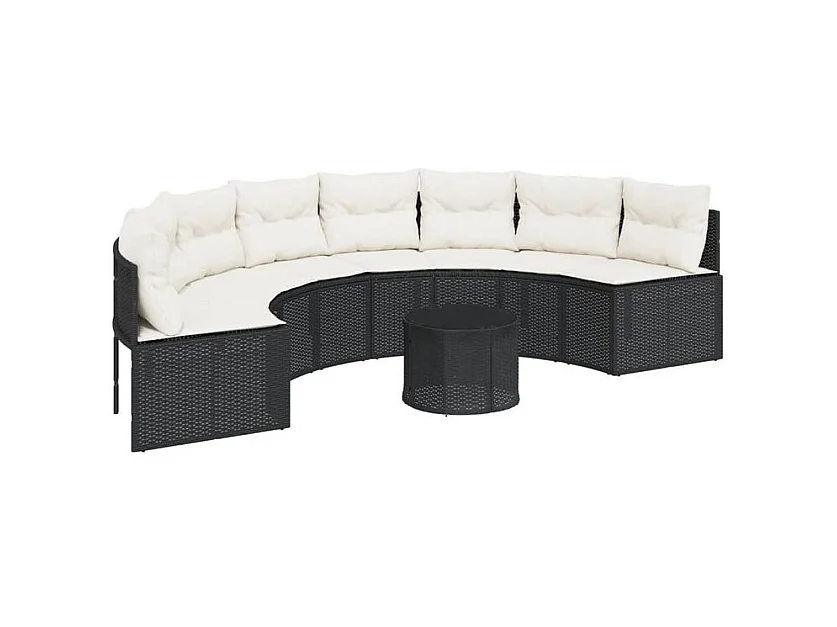 Canapé de jardin table coussins demi-rond noir résine tressée