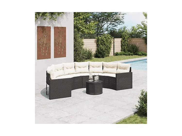 Canapé de jardin table coussins demi-rond noir résine tressée