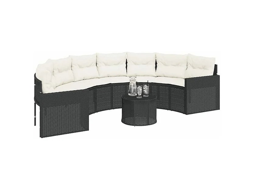 Canapé de jardin table coussins demi-rond noir résine tressée