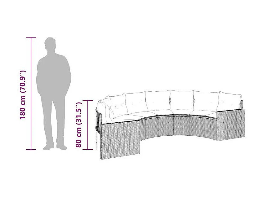 Canapé de jardin table coussins demi-rond noir résine tressée