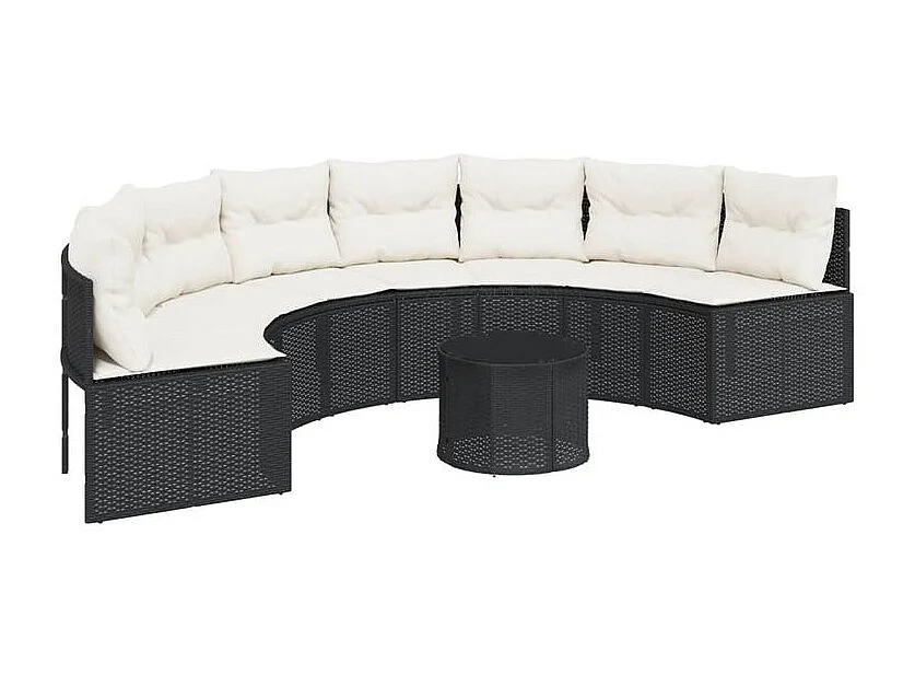 Canapé de jardin table coussins demi-rond noir résine tressée