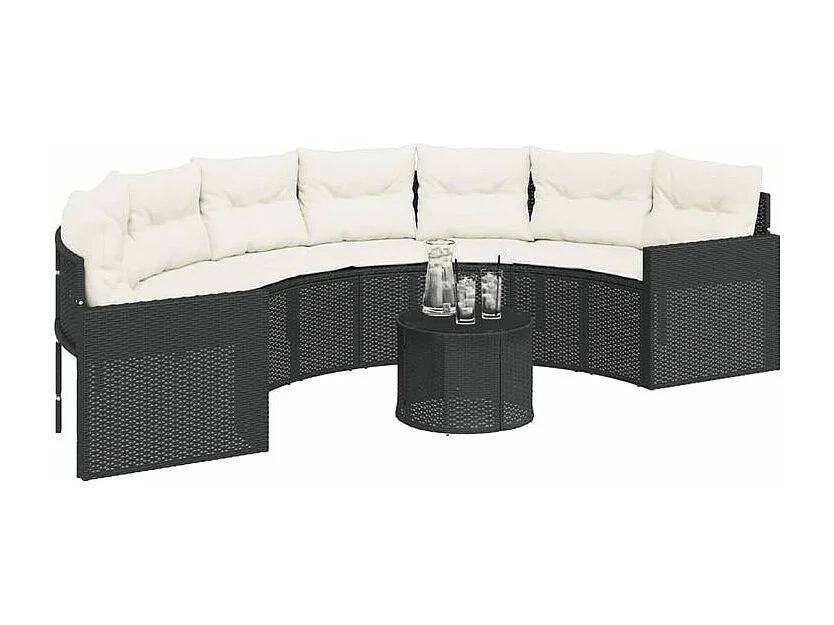 Canapé de jardin table coussins demi-rond noir résine tressée