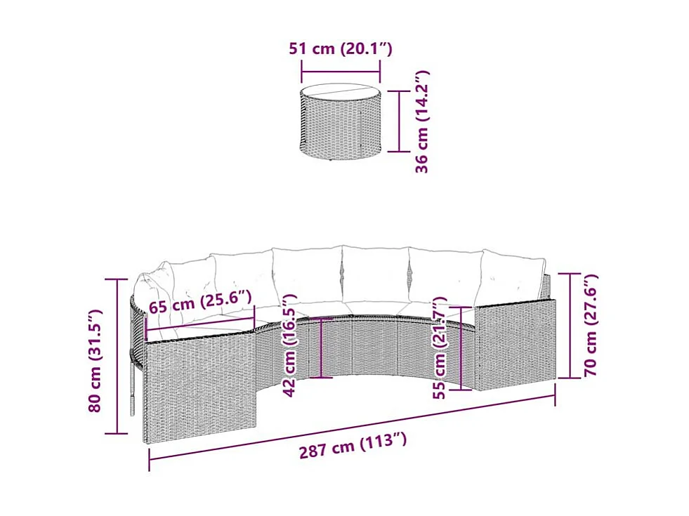 Canapé de jardin table coussins demi-rond noir résine tressée