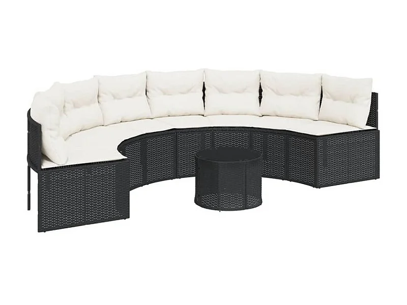 Canapé de jardin table coussins demi-rond noir résine tressée