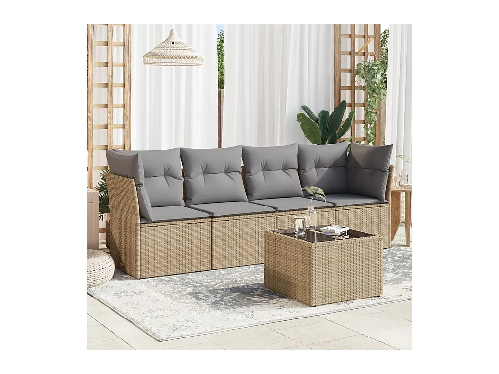 Salon de jardin avec coussins 5 pcs beige résine tressée