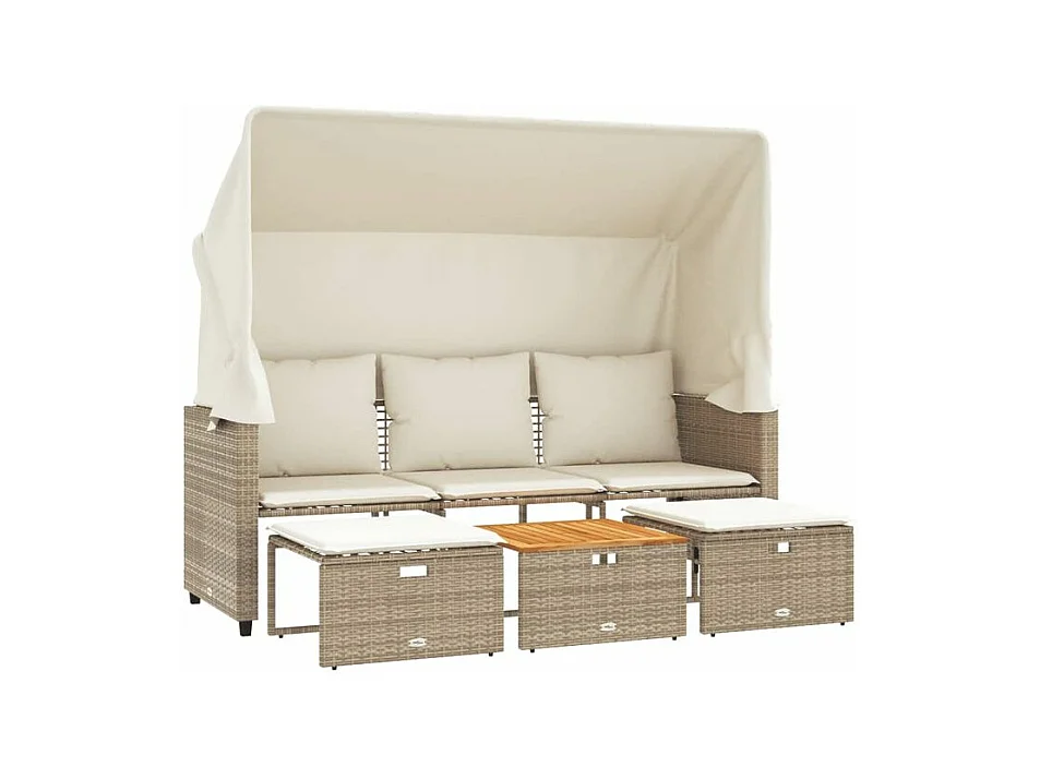 Canapé de jardin 3 places avec auvent et tabourets beige rotin