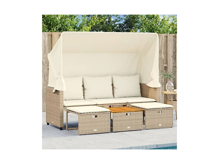 Canapé de jardin 3 places avec auvent et tabourets beige rotin