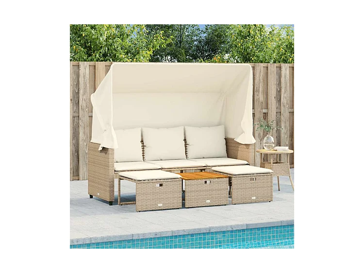 Canapé de jardin 3 places avec auvent et tabourets beige rotin