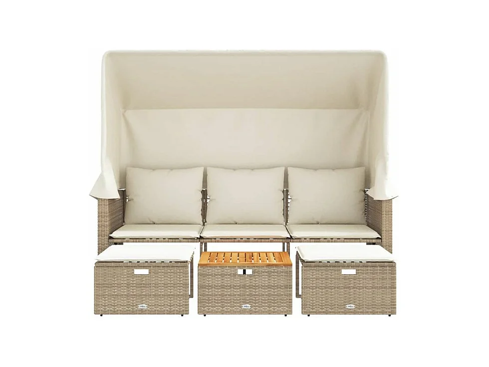 Canapé de jardin 3 places avec auvent et tabourets beige rotin