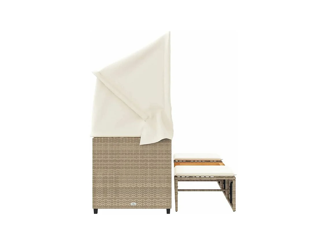 Canapé de jardin 3 places avec auvent et tabourets beige rotin