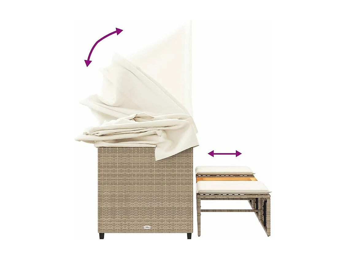 Canapé de jardin 3 places avec auvent et tabourets beige rotin