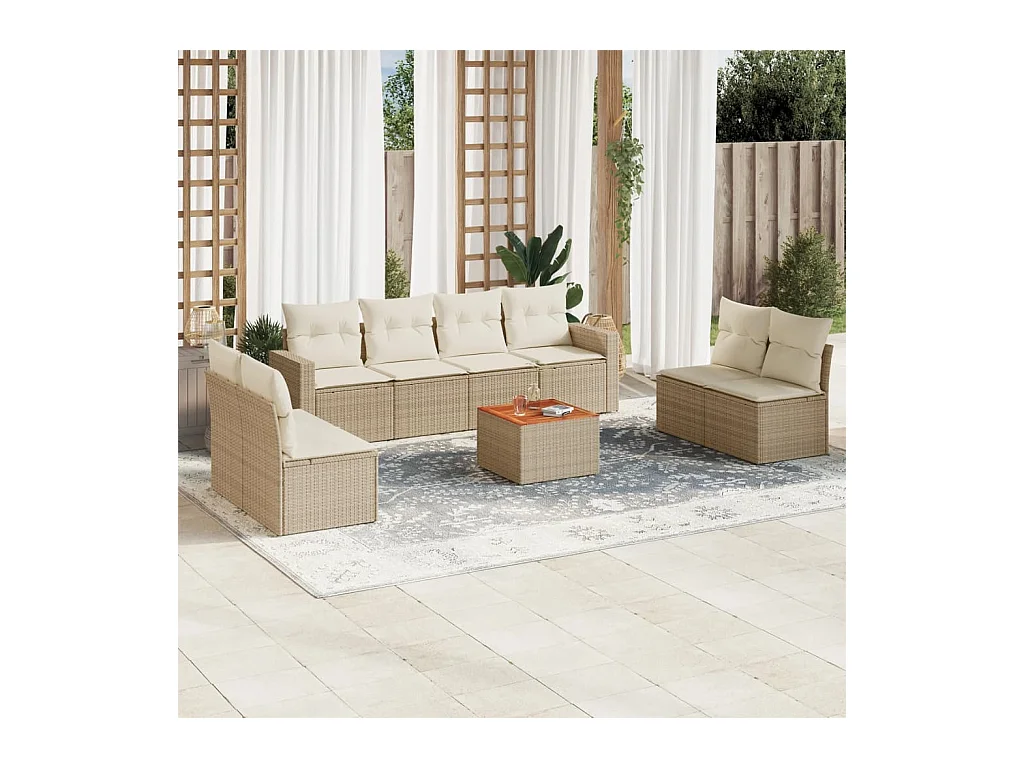 Salon de jardin avec coussins 9 pcs beige résine tressée