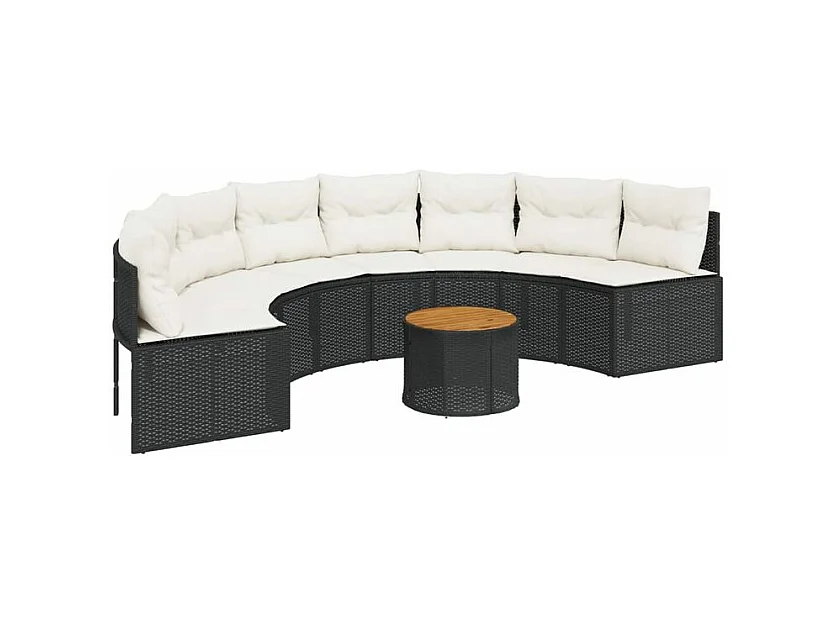 Canapé de jardin table coussins demi-rond noir résine tressée