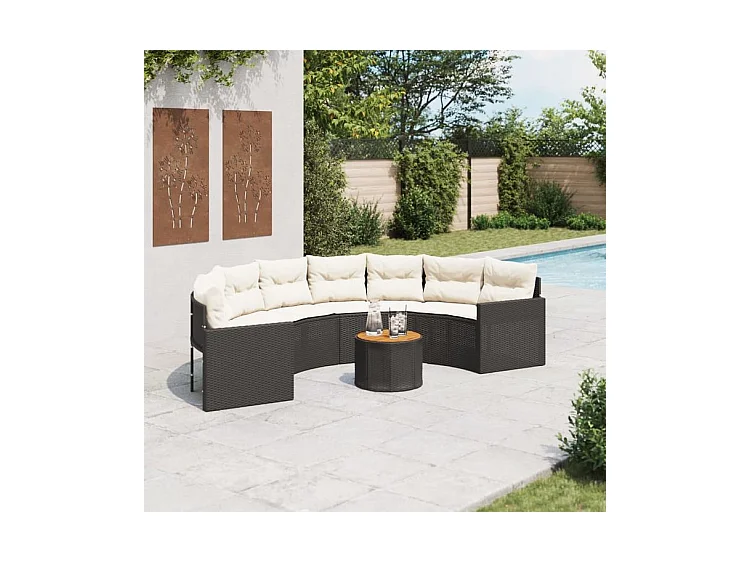 Canapé de jardin table coussins demi-rond noir résine tressée