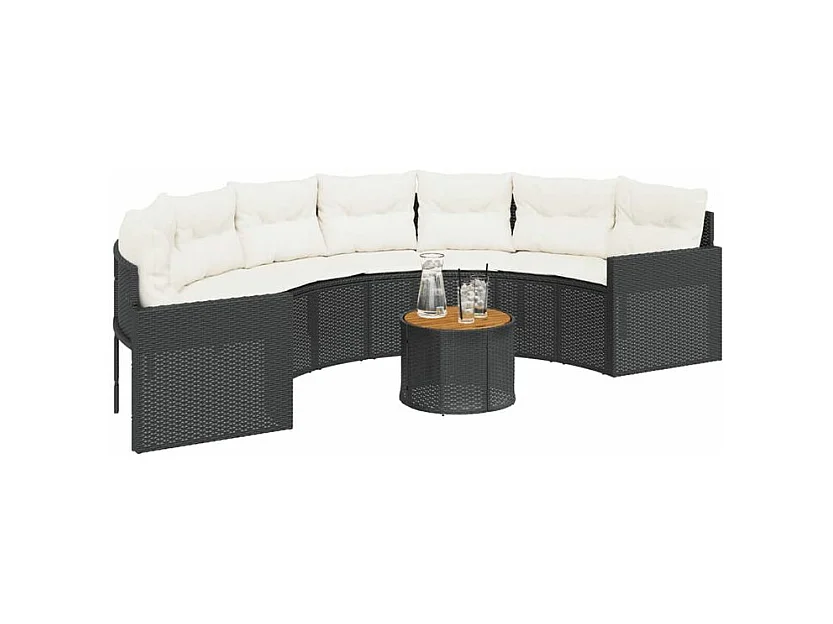 Canapé de jardin table coussins demi-rond noir résine tressée