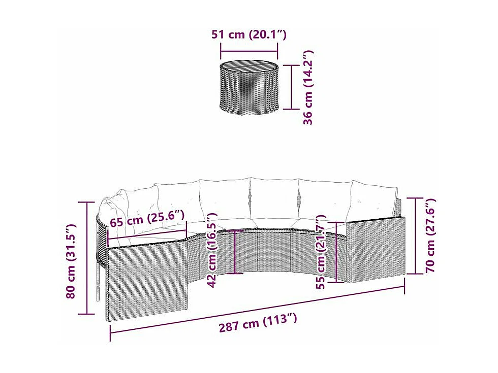 Canapé de jardin table coussins demi-rond noir résine tressée