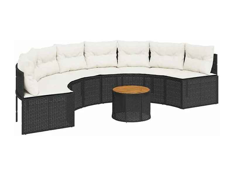 Canapé de jardin table coussins demi-rond noir résine tressée