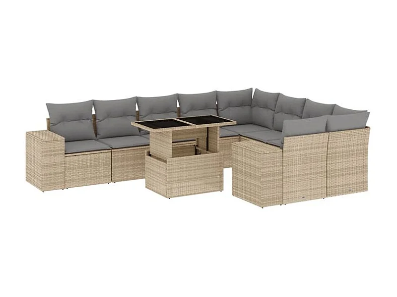 Salon de jardin avec coussins 10 pcs beige résine tressée