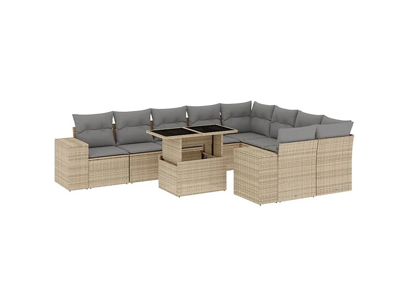 Salon de jardin avec coussins 10 pcs beige résine tressée