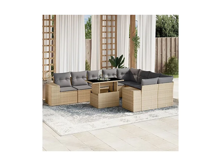 Salon de jardin avec coussins 10 pcs beige résine tressée