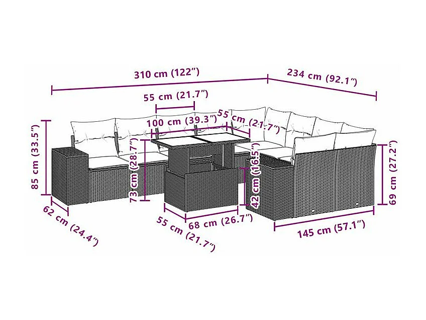 Salon de jardin avec coussins 10 pcs beige résine tressée