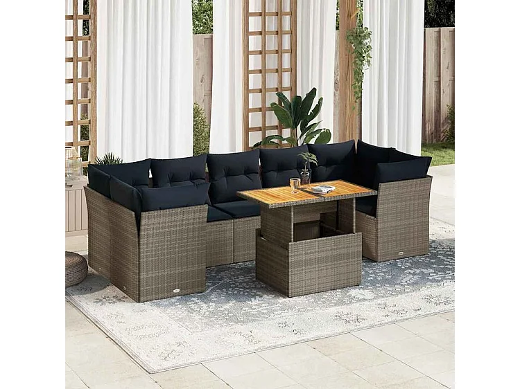 Salon de jardin 6 pcs avec coussins gris résine tressée
