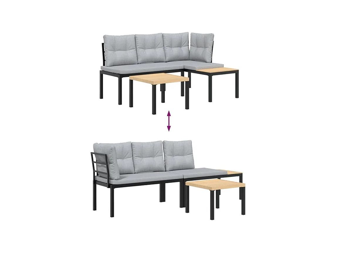 Ensemble de banc de jardin avec coussins 3 pcs noir