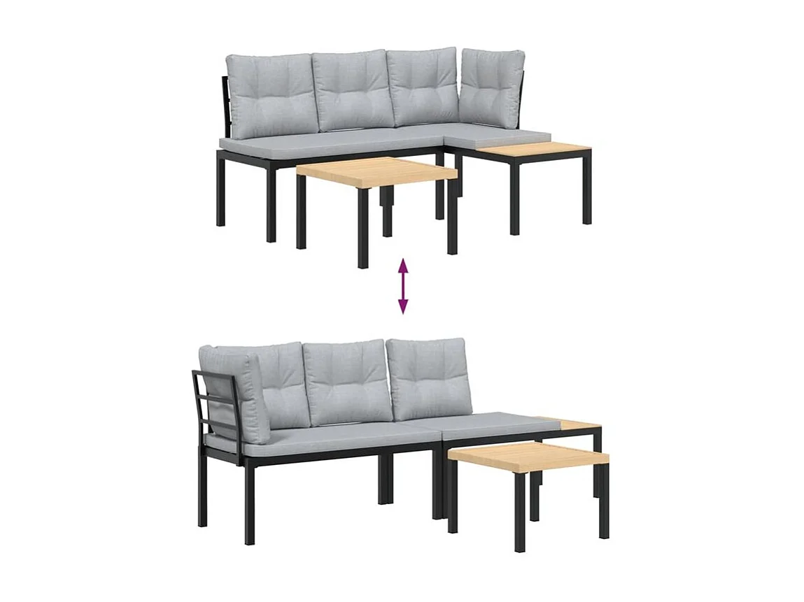 Ensemble de banc de jardin avec coussins 3 pcs noir