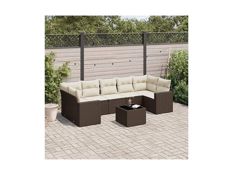 Salon de jardin 8 pcs avec coussins marron résine tressée