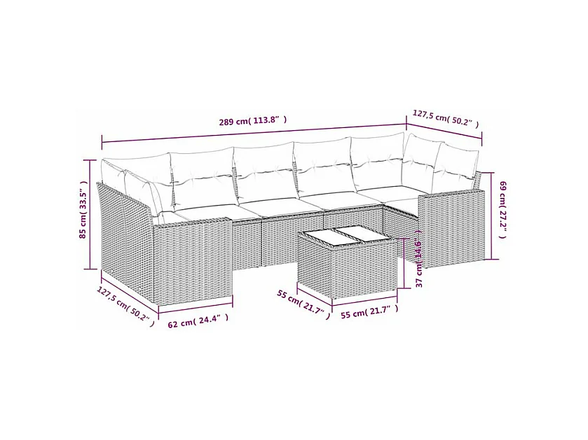 Salon de jardin 8 pcs avec coussins marron résine tressée