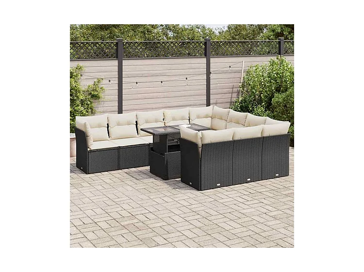 Salon de jardin 11 pcs avec coussins noir résine tressée