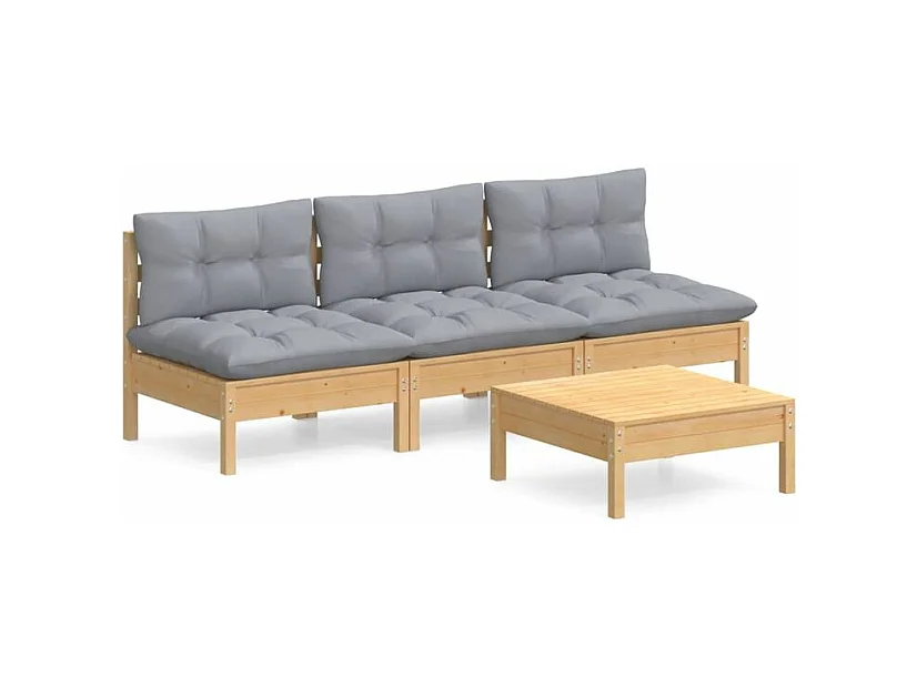 Salon de jardin 4 pcs avec coussins gris bois de pin