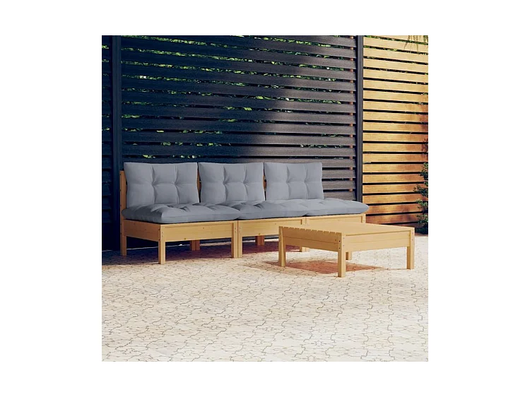 Salon de jardin 4 pcs avec coussins gris bois de pin