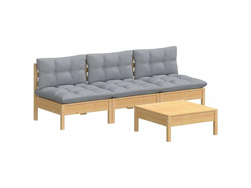 Salon de jardin 4 pcs avec coussins gris bois de pin