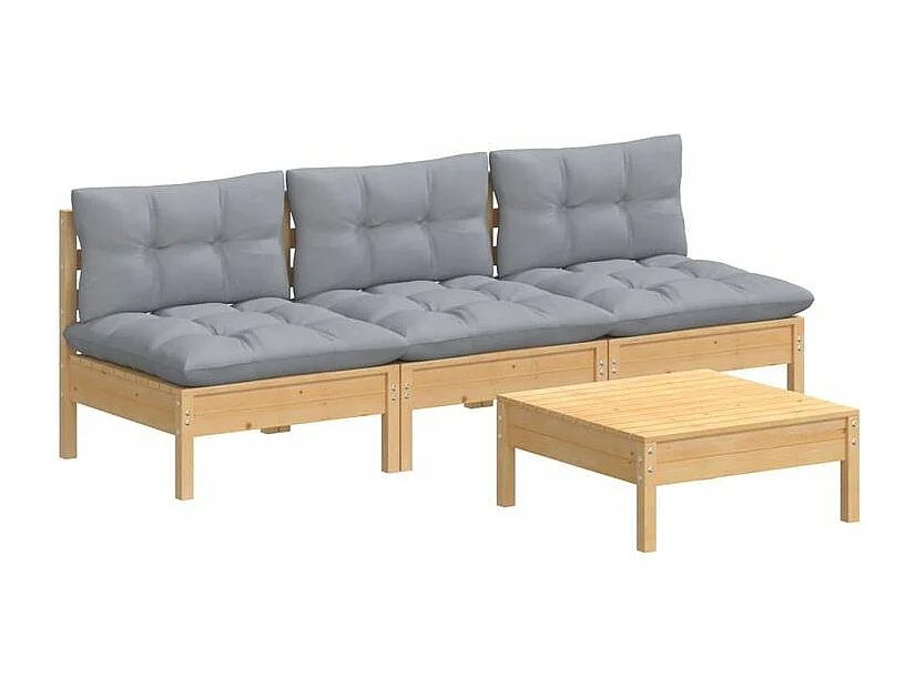 Salon de jardin 4 pcs avec coussins gris bois de pin