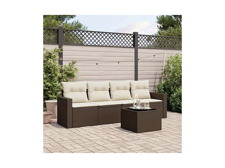 Salon de jardin avec coussins 5 pcs marron résine tressée