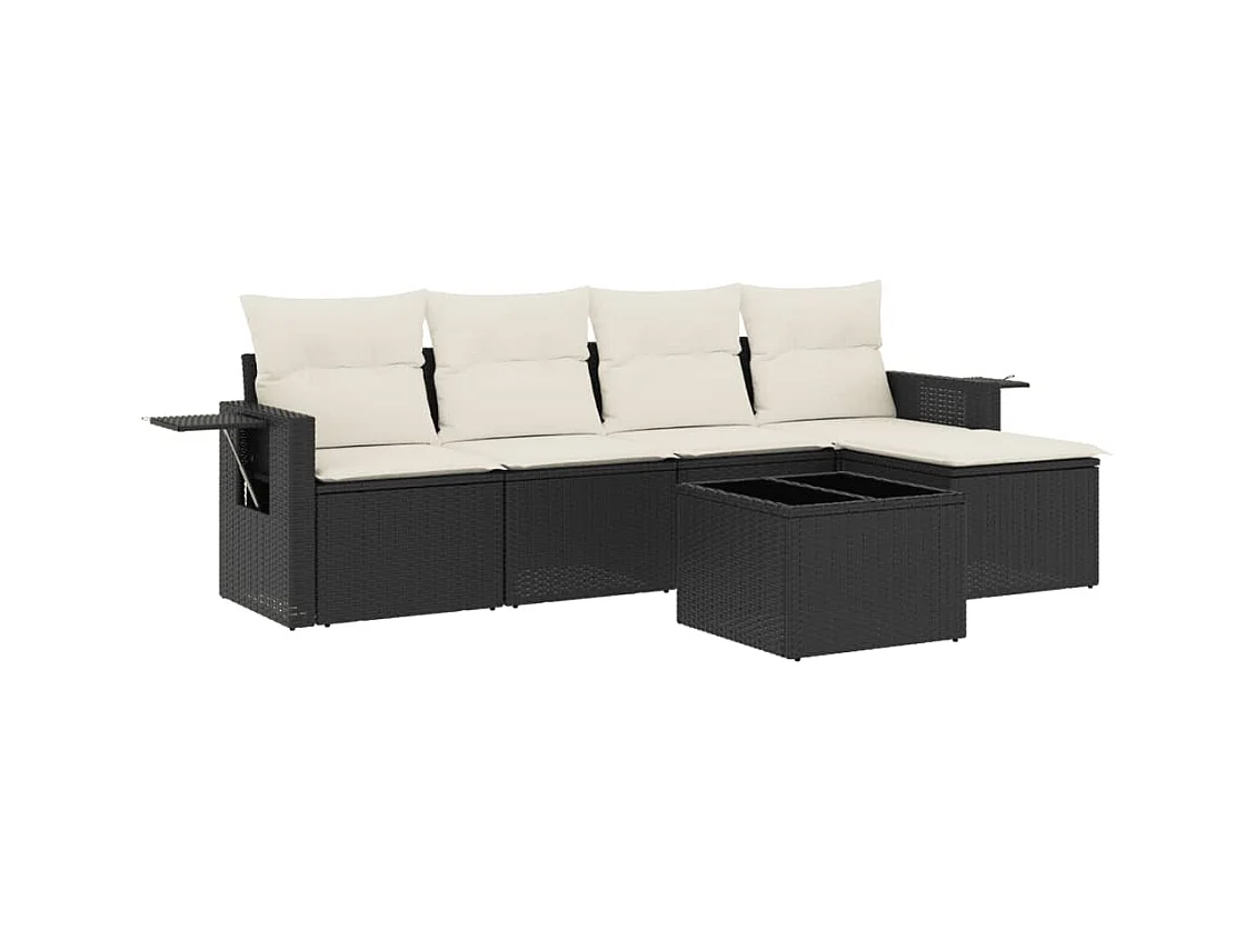 Salon de jardin 6 pcs avec coussins noir résine tressée