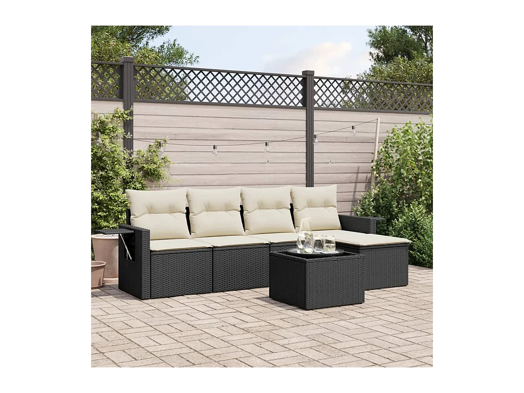 Salon de jardin 6 pcs avec coussins noir résine tressée