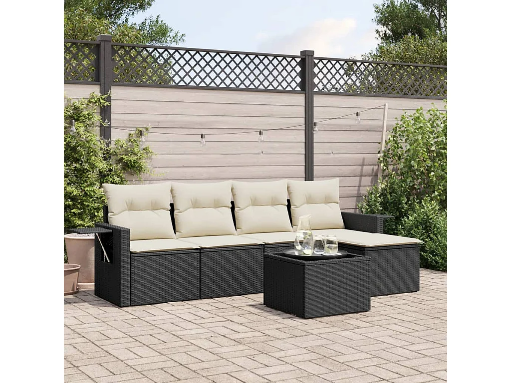 Salon de jardin 6 pcs avec coussins noir résine tressée