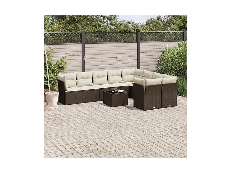 Salon de jardin 10 pcs avec coussins marron résine tressée