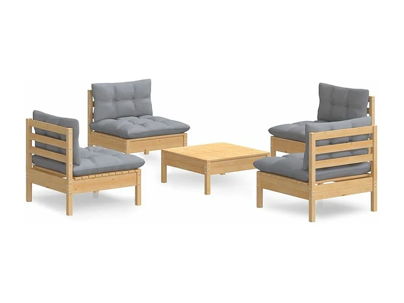Salon de jardin 5 pcs avec coussins gris bois de pin