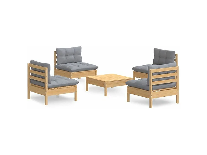 Salon de jardin 5 pcs avec coussins gris bois de pin
